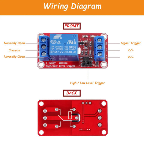 Wiring diagram for One Channel 12V Relay Module With Optocoupler Isolation For High And Low Level Triggering Pack Of 10, front and back view