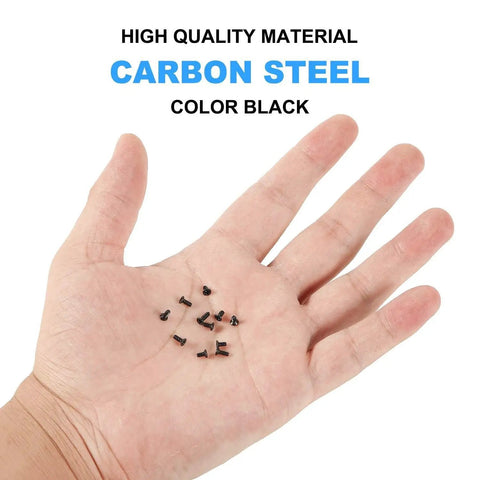 Black zinc plated flat head screws in hand from All In One Laptop Repair Screw Kit 500Pcs for SSD motherboard electronics repair
