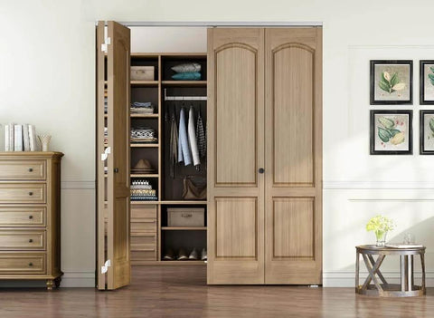 48 Inch Bifold Door Hardware Kit For Four 12 Inch Panels, Top Mounted Folding Barn Door Track System With 3 Wheel Hangers, installed in closet