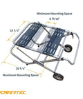 Foldable Table Saw Stand With Wheels For On The Go Mobility And Storage 330 Lbs Load Capacity Portable Universal Fit For Most Saws Sturdy On Any Jobsite Easy Roll Locking Wheels For Garage, shown with dimensions and mounting space.