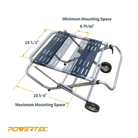 Foldable Table Saw Stand With Wheels For On The Go Mobility And Storage 330 Lbs Load Capacity Portable Universal Fit For Most Saws Sturdy On Any Jobsite Easy Roll Locking Wheels For Garage, shown with dimensions and mounting space.