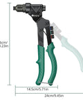 3 In 1 Do It All Rivet Nut Tool Kit With Swivel Head shown with measurements and green handles