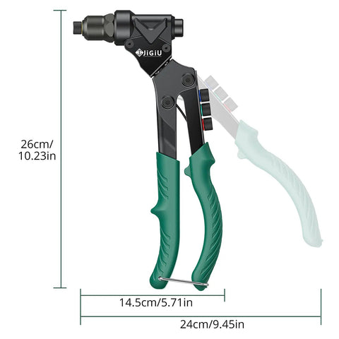 3 In 1 Do It All Rivet Nut Tool Kit With Swivel Head shown with measurements and green handles