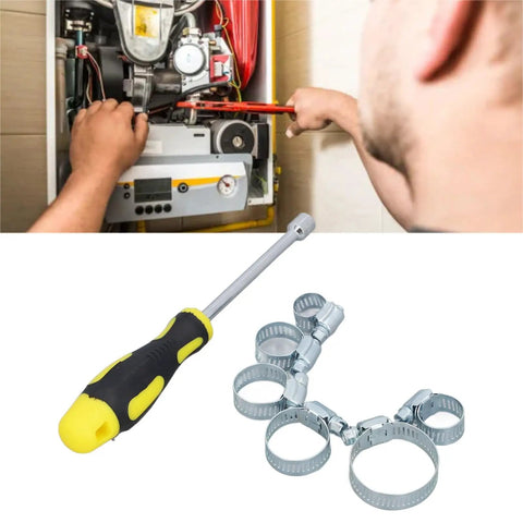 Person repairing appliance with 49 Piece Hose Clamp Kit 13 To 44mm Adjustable Clamps with 8mm Hex Driver for fuel lines.