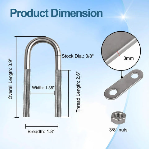 MOOKEERF 2-pack stainless steel U-bolts with mounting plate and nuts; 100 mm length, 3/8 in diameter, front view