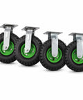 10 Inch Heavy Duty Pneumatic Casters Set Of 4 With Silky Smooth Air Rubber Tires For Industrial Utility Use And Heavy Freight Equipment tough casters with green wheels and metal brackets.
