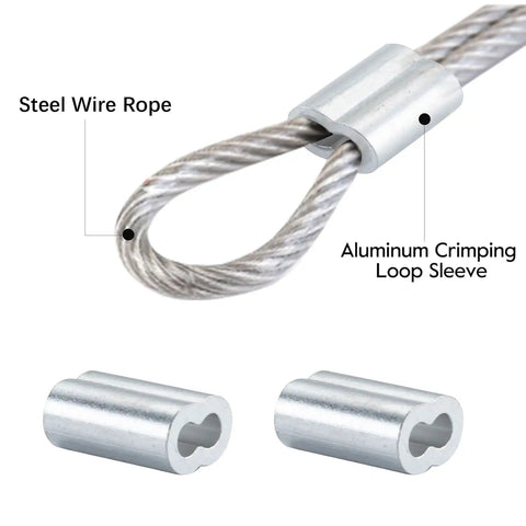 1/8 Inch Aluminum Crimping Loop Sleeve Set 100 Pack Double Barrel Ferrules For Wire Rope And Cable Ends showing steel wire rope loop