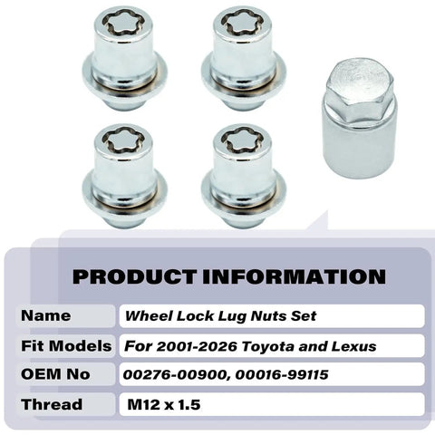 Lock Down Your Wheels With These Slick Chrome Wheel Lock Lug Nuts Set M12x1.5 showing four chrome lug nuts and key.