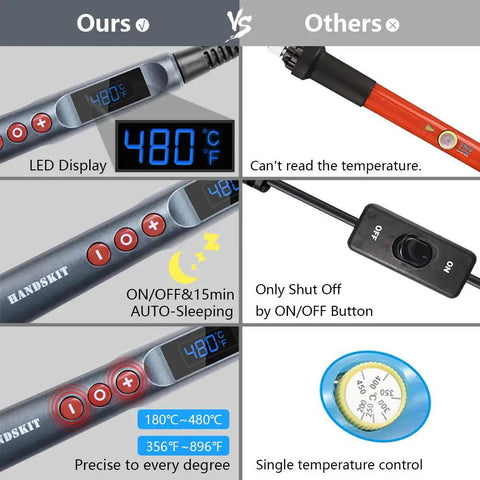 Comparison of All-In-One 90W Adjustable Soldering Iron Kit With LED Display 180-480C vs regular soldering iron without display