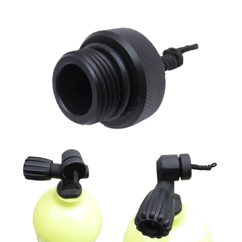 DIN Tank Valve Dust Plug Cap Protector End Cap with Cord for Scuba Diving Regulator, black threaded cover on diving cylinders