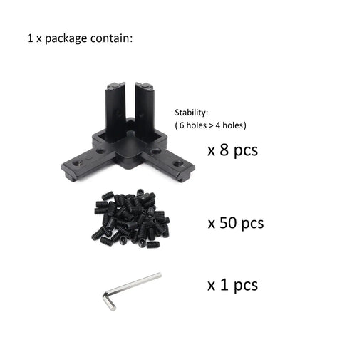 Badass 10 Series Corner Connectors For 10x10mm Aluminum Extrusion Framing Kits With Zinc Alloy Brackets And Heavy Duty Set Screws, eight black brackets, fifty set screws, one hex key.