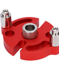 Professional Grade Self Centering Doweling Jig Kit For Woodworking Furniture Assembly showing red anodized aluminum jig detail.