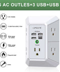 Wall Charger And Surge Protector Outlet Extender Featuring Five AC Outlets Plus Four Fast USB Ports Designed To Fit Standard Duplex Sockets with flat design.