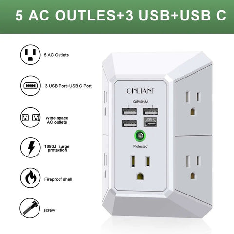 Wall Charger And Surge Protector Outlet Extender Featuring Five AC Outlets Plus Four Fast USB Ports Designed To Fit Standard Duplex Sockets with flat design.