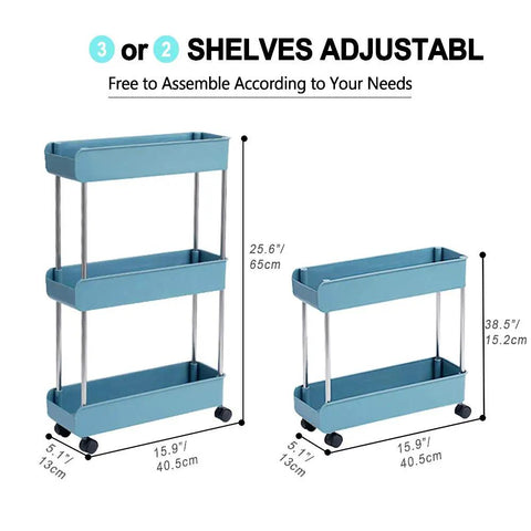 Three Tier Slim Mobile Shelving Unit On Wheels With Slide Out Storage Cart for Kitchen Bathroom Laundry Room, navy blue