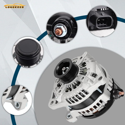 130A Beefed Up Alternator Replacement For 2008 2012 Honda Accord 3.5L V6 And 2010 Crosstour 3.5L Drop In Ready Direct Fit OE Replacement 31100 R70 A01 104210 5910 11392 showing multiple angles and electrical connectors.