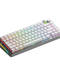 Top Tier 75 Percent Wireless Mechanical Gaming Keyboard With Badass Aluminum Frame Hot Swappable Switches Bluetooth And Two Point Four Gigahertz Link Smooth Gasket Mount Styling Crisp Doubleshot Keycaps Built Like A Tank In Clean Silver, side view with colorful RGB lighting.