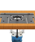 Premium Ironclad Aluminum Router Table Insert Plate on a wooden workbench, showing the smooth anodized surface for precision cuts.