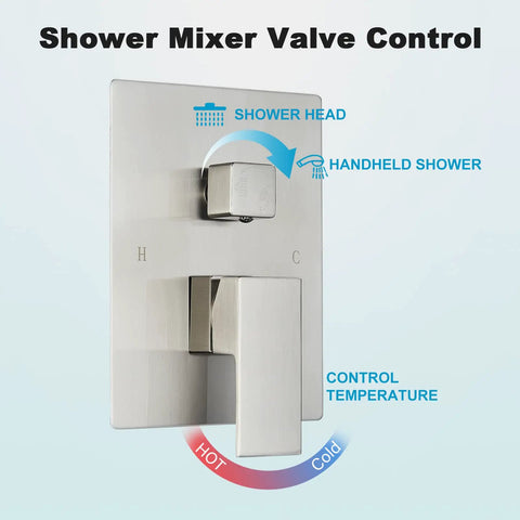 Shower mixer valve control for 12 Inch LED Square Showerhead Kit With Handheld Spray, SUS304 stainless steel panel, brushed nickel