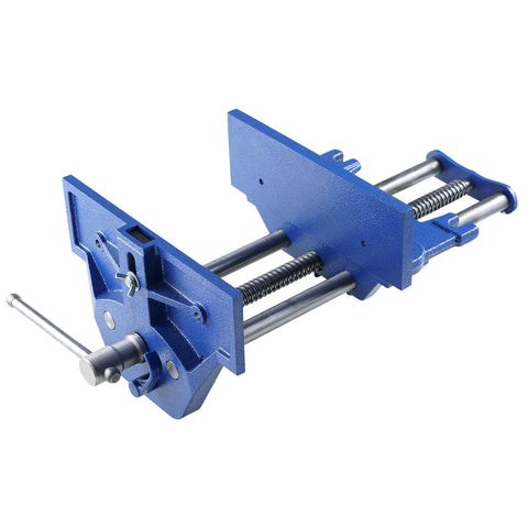 Beast Mode Heavy Duty Cast Iron Workbench Vise With Quick Release Lever 13 Inch, showing angles of blue iron body and handle.