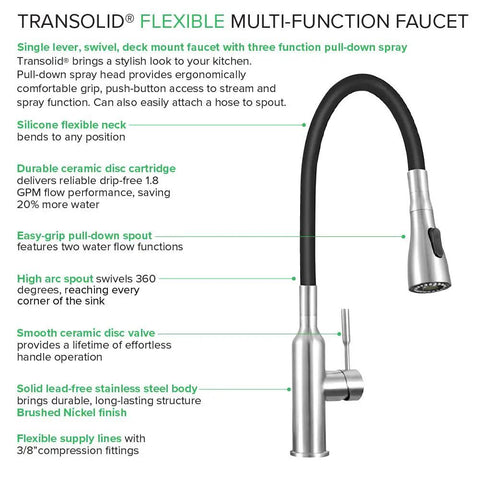 PF7509A Dual Spray Kitchen And Laundry Faucet With Flexible Neck Deck Mount Black Finish High Arc Swivel