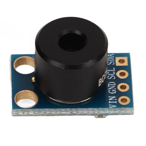 Infrared Temperature Sensor Module For DIY Projects Wide Ambient Range From Minus 40 To 120 Celsius Object Range From Minus 70 To 382.2 Celsius 10 Bit PWM Output SMBus Digital Interface MLX90614ESF GY906 Compatible Non Contact Temperature Detector with visible connectors and components on a blue circuit board.