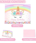 13 Inch Unicorn Gift Bag With Greeting Card And Tissue Paper For Baby Girls And Kids Birthday Party Rainbow Unicorn Theme All In One Gift Bag Set For Easy Celebration shown with bag, card, and tissue