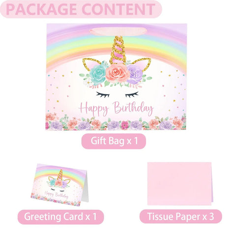 13 Inch Unicorn Gift Bag With Greeting Card And Tissue Paper For Baby Girls And Kids Birthday Party Rainbow Unicorn Theme All In One Gift Bag Set For Easy Celebration shown with bag, card, and tissue