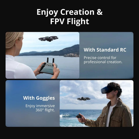 360 Degree FPV Drone With 1 Inch 8K 360 Imaging, person using standard RC and goggles for control.