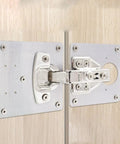 Close-up of stainless steel cabinet hinge repair plates with screws, 6 pack frameless cabinet fixes for kitchen cabinets.