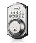 Satin nickel keyless entry door lock with keypad and auto lock, smart deadbolt for front door, includes 2 keys, easy installation.