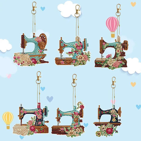 Six Piece DIY 5D Sewing Machine Diamond Painting Keychain Kit Set Double Sided Special Shape Dope Accessory For Backpack Purse Bag And Daily Carry Great Gift For Adults And Craft Fans