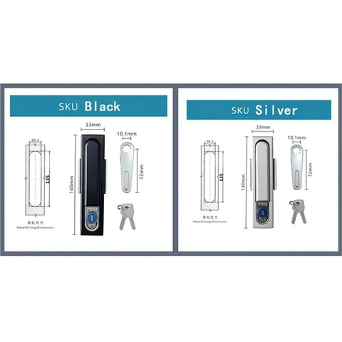 Heavy Duty Industrial Cabinet Switch Power Distribution Box Lock With Key Handle For Secure Machine Equipment And Furniture Hardware Use, Black and Silver options with dimensions.