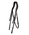 Dressage Bridle With White Piping Top Notch Padded Leather English Bridle Detachable Flash And Web Reins Comfort Fit shown hanging