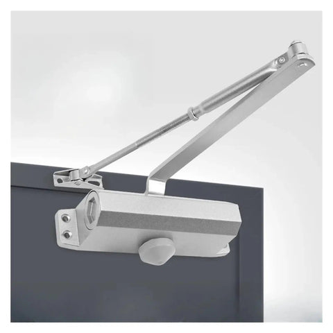 Close-up of dual spring automatic door closer with hydraulic buffer for ultra quiet no slams smooth close adjustable speed gear.