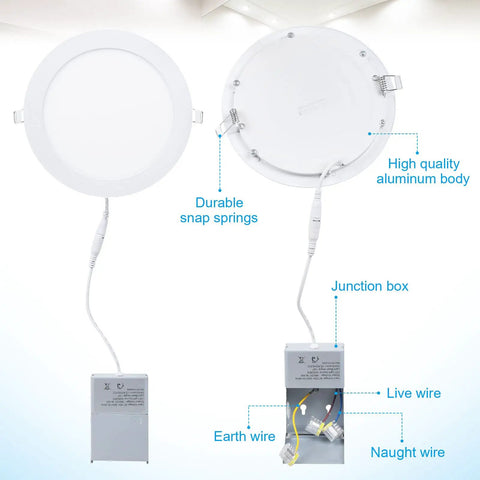 Ultra Thin 7 Inch LED Recessed Ceiling Light With Junction Box 6000K Cool White 18W 1500 Lumens High Brightness installation diagram