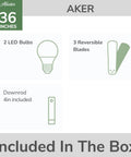 Contents of the box for 36 Inch Indoor Ceiling Fan With LED Light And Pull Chain, including 2 LED bulbs, 3 blades, 4in downrod.