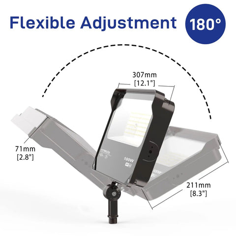 Beast 100W LED Flood Light With Knuckle Mount 11000 Lumens 5000K Outdoor Lighting IP65 Waterproof shown with 180-degree adjustment angle