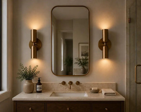 Modern Brass Wall Sconce – Mid Century Cylinder Up and Down Wall Light in elegant bathroom setting with mirror and decor.
