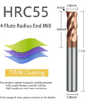1/8 Inch Tungsten Carbide Corner Radius End Mill With TiSiN Coating, 4 Flute, 0.03 Inch Corner Radius, 35 Degree Helix, 1/8 Inch Shank