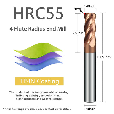 1/8 Inch Tungsten Carbide Corner Radius End Mill With TiSiN Coating, 4 Flute, 0.03 Inch Corner Radius, 35 Degree Helix, 1/8 Inch Shank