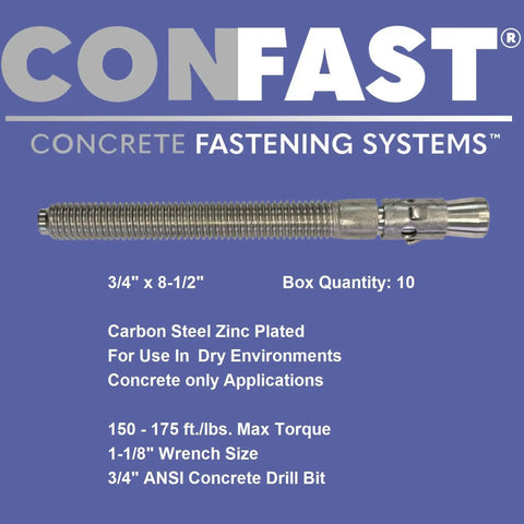 3/4 Inch By 8-1/2 Inch Wedge Anchor Zinc Plated For Concrete Only Dry Environment Box Of 10 Heavy Duty Fastening Solution For Concrete Slabs And Equipment Mounting