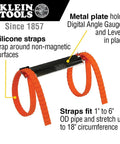 Digital Level And Angle Gauge Tool Kit With Magnetic Base And Plumbers Straps, Measures And Sets Angles, Reverse Contrast Display, 2 Piece Set For Pros And DIYers, showing silicone straps and metal plate.