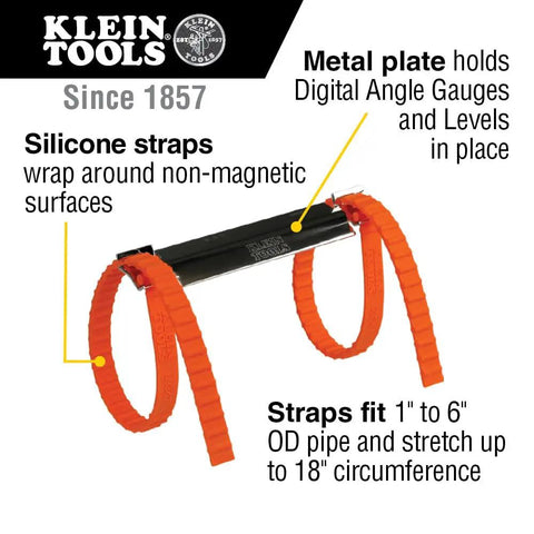 Digital Level And Angle Gauge Tool Kit With Magnetic Base And Plumbers Straps, Measures And Sets Angles, Reverse Contrast Display, 2 Piece Set For Pros And DIYers, showing silicone straps and metal plate.