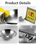 Product details collage of Wall Mounted Eye Wash Station OSHA Approved ANSI Z358 2014 Compliant 304 Stainless Steel Eyewash Station
