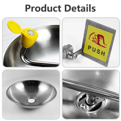 Product details collage of Wall Mounted Eye Wash Station OSHA Approved ANSI Z358 2014 Compliant 304 Stainless Steel Eyewash Station
