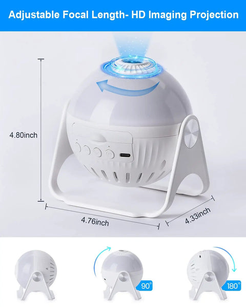 7 In 1 Galaxy Star Projector For Kids Room Vibe Creator with adjustable HD imaging projection showing dimensions.