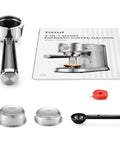Barista Grade Espresso Machine With Milk Frother For Home Use, 20 Bar Pump, Stainless Steel Build, parts and manual displayed