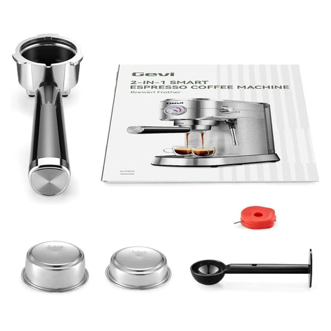 Barista Grade Espresso Machine With Milk Frother For Home Use, 20 Bar Pump, Stainless Steel Build, parts and manual displayed