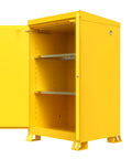 Heavy Duty Reinforced Steel Outdoor Flammable Liquid Storage Cabinet Built Tough And Totally Rock Solid With Double Wall Welded Frame And Foolproof Rain Gutters, yellow locker open, with shelves.